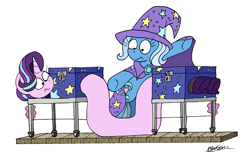 Size: 2337x1441 | Tagged: safe, artist:bobthedalek, derpibooru import, starlight glimmer, trixie, pony, unicorn, g4, assistant, bipedal, box, box sawing trick, clothes, duo, female, horn, inconvenient, inconvenient trixie, long glimmer, long pony, lore, magic, magic show, magic trick, mare, meme, mistakes were made, not salmon, origin story, shoes, simple background, wat, white background, you had one job