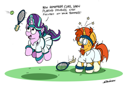 Size: 2691x1815 | Tagged: safe, artist:bobthedalek, derpibooru import, starlight glimmer, sunburst, pony, unicorn, g4, accidental exposure, ball, clothes, duo, eyes on the prize, female, horn, hornboner, implied shipping, implied starburst, implied straight, jumping, looking at butt, male, mare, open mouth, shipping, shirt, skirt, sports, stallion, starburst, straight, sweat, sweatband, tennis, tennis ball, tennis racket, upskirt, we don't normally wear clothes