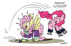 Size: 2437x1591 | Tagged: safe, artist:bobthedalek, derpibooru import, fluttershy, pinkie pie, earth pony, pegasus, pony, g4, bathrobe, bed mane, clothes, duo, female, mare, morning ponies, newbie artist training grounds, newspaper, pajamas, robe, shrunken pupils, springs, startled