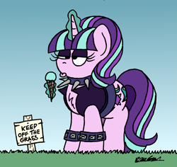 Size: 1463x1380 | Tagged: safe, artist:bobthedalek, derpibooru import, starlight glimmer, pony, unicorn, g4, belt, choker, clothes, edgelight glimmer, eyeshadow, female, first world anarchist, food, fuck the police, horn, ice cream, jacket, keep off the grass, levitation, magic, makeup, mare, pure unfiltered evil, rule breaking, sign, spiked choker, teenage glimmer, telekinesis, thug life, tongue, tongue out