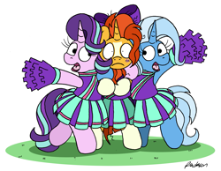 Size: 2697x2088 | Tagged: safe, artist:bobthedalek, derpibooru import, starlight glimmer, sunburst, trixie, pony, unicorn, 2 4 6 greaaat, g4, season 9, bipedal, blaze (coat marking), blushing, bow, cheerleader, cheerleader outfit, cheerleader starlight, cheerleader sunburst, cheerleader trixie, clothes, coat markings, crossdressing, cute, diatrixes, embarrassed, facial markings, female, fighting over boy, glimmerbetes, horn, male, male cheerleader, mare, my little pony: friendship is magic, pom pom, shrunken pupils, skirt, socks (coat marking), stallion, sunbetes, sunburst gets all the mares, trio