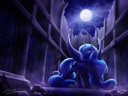 Size: 1024x768 | Tagged: safe, artist:novaintellus, derpibooru import, princess luna, alicorn, pony, g4, castle of the royal pony sisters, female, full moon, looking at you, mare, moon, night, rock, sky, solo, spread wings, wings