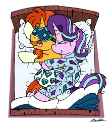 Size: 1656x1878 | Tagged: safe, artist:bobthedalek, derpibooru import, starlight glimmer, sunburst, pony, unicorn, g4, bed, clothes, cuddling, cute, duo, eyes closed, female, glim glam's jim jams, glimmerbetes, heart, heart print underwear, horn, kite, lying down, male, mare, on side, open mouth, pajamas, shipping, simple background, sleep mask, sleeping, smiling, spooning, stallion, starburst, straight, sunbetes, that pony sure does love kites, underwear, white background