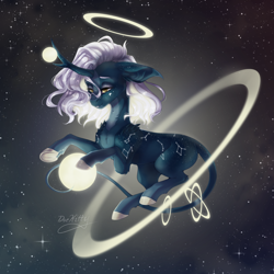 Size: 1920x1920 | Tagged: safe, artist:doekitty, derpibooru import, oc, oc only, oc:stellar, original species, pony, unicorn, bigger than a planet, blaze (coat marking), chest fluff, coat markings, colored eyebrows, concave belly, constellation, constellation freckles, crescent moon markings, ears, facial markings, female, floating, floppy ears, forked horn, freckles, halo, horn, leonine tail, mare, shoulder fluff, solo, space, stars, tail, tangible heavenly object