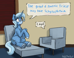 Size: 2309x1811 | Tagged: safe, artist:reddthebat, derpibooru import, trixie, pony, unicorn, g4, chair, chest fluff, dialogue, facial markings, female, frog (hoof), horn, mare, mealy mouth (coat marking), meme, misspelling, pinpoint eyes, ponified, ponified meme, psychiatrist, schizophrenia, sitting, solo, speech bubble, third person, underhoof