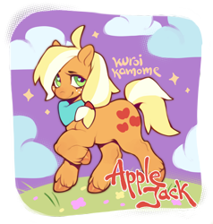 Size: 3424x3594 | Tagged: safe, artist:kuroikamome, derpibooru import, applejack, earth pony, pony, g4, clothes, cloud, female, hooves, mare, neckerchief, orange coat, scarf, smiling, solo, stars, tied mane, trotting, wingding eyes, yellow mane