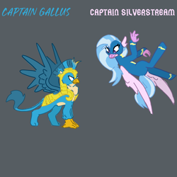 Size: 2000x2000 | Tagged: safe, artist:chromatail, derpibooru import, gallus, silverstream, classical hippogriff, griffon, hippogriff, g4, the last problem, armor, captain, clothes, duo, duo male and female, female, flying, future, g5 rewrite, gallstream, gray background, hippogriff wonderbolt, male, non-pegasus wonderbolt, older, older gallus, older silverstream, royal guard, royal guard armor, royal guard gallus, seraphina au, shipping, simple background, spread wings, straight, uniform, wings, wonderbolt silverstream, wonderbolts, wonderbolts uniform