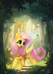 Size: 769x1080 | Tagged: safe, artist:tinybenz, derpibooru import, fluttershy, breezie, butterfly, pegasus, pony, g4, big ears, bipedal, cute, duo, ears, folded wings, forest, large wings, long mane, long tail, micro, nature, shyabetes, size difference, tail, tree, wings