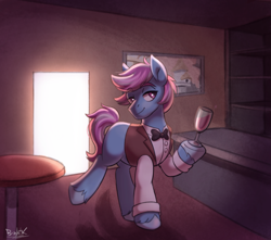 Size: 2921x2577 | Tagged: safe, artist:bkiltersot, derpibooru import, oc, oc only, oc:matcha latte, earth pony, bar, bartender, bowtie, clothes, commission, glass, looking at you, male, male oc, painting, shelf, shelves, shirt, smiling, solo, stallion, table, underhoof, unshorn fetlocks, vest, wine glass