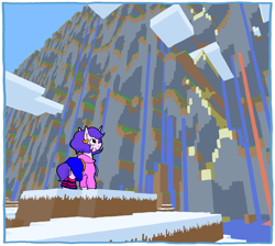 Size: 1084x972 | Tagged: safe, artist:the---robbie72, derpibooru import, oc, oc only, oc:artshine aura, pony, unicorn, cliff, clothed ponies, clothes, ear piercing, earring, far lands (minecraft), female, hoodie, horn, jewelry, lava, looking up, mare, minecraft, not pipp petals, piercing, skirt, smiling, solo, water, waterfall