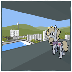 Size: 854x848 | Tagged: safe, artist:the---robbie72, derpibooru import, oc, oc only, oc:prickly pear (captainzigo), earth pony, pony, 3d, bandana, city, cityscape, female, gmod, looking out the window, mare, smiling, solo, splotches