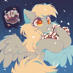 Size: 1800x1800 | Tagged: safe, artist:mirtash, derpibooru import, derpy hooves, pegasus, pony, g4, blonde, blonde mane, blonde tail, brown eyelashes, christmas, colored eyelashes, colored pupils, cute, derp, derpabetes, ear fluff, ears, eye clipping through hair, feathered wings, female, flying, food, golden eyes, gradient background, gray coat, holiday, hoof hold, mare, muffin, orange pupils, pictogram, smiling, snow, snowfall, solo, sparkles, spread wings, starry eyes, tail, three quarter view, wing fluff, wingding eyes, wings