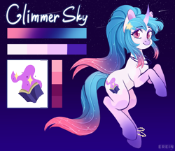 Size: 2315x2000 | Tagged: safe, artist:erein, derpibooru import, oc, oc only, oc:glimmer sky, pony, unicorn, coat markings, colored hooves, colored horn, cutie mark, dark background, ear piercing, earring, ears, ears up, ethereal mane, eyeshadow, female, gradient background, gradient legs, gradient mane, gradient tail, high res, hooves, horn, jewelry, leg markings, looking at you, makeup, mare, piercing, pink coat, pink eyes, reference sheet, solo, sparkles, sparkly mane, starry mane, tail, text, unicorn oc