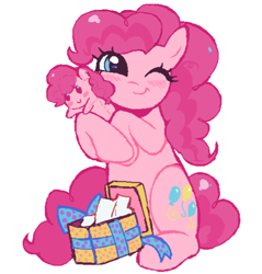 Size: 530x555 | Tagged: safe, artist:dulcesilly, derpibooru import, pinkie pie, earth pony, pony, g4, christmas, cute, diapinkes, female, holiday, looking at you, mare, one eye closed, plushie, present, simple background, sitting, smiling, smiling at you, solo, white background