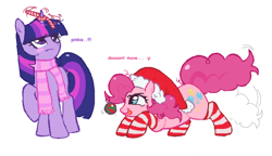 Size: 904x521 | Tagged: safe, artist:dulcesilly, derpibooru import, pinkie pie, twilight sparkle, twilight sparkle (alicorn), alicorn, earth pony, pony, g4, candy, candy cane, christmas, clothes, duo, duo female, female, food, hat, holiday, mare, ornament, santa hat, scarf, simple background, socks, striped scarf, striped socks, tail, tail wag, tongue, tongue out, white background