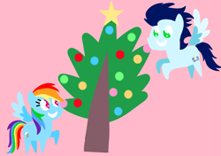 Size: 3553x2499 | Tagged: safe, anonymous artist, derpibooru exclusive, derpibooru import, rainbow dash, soarin', pegasus, pony, series:soarindash hearth's warming, series:soarindash romantic tales, christmas, christmas tree, female, hearth's warming, holiday, male, mare, pointy ponies, shipping, soarindash, stallion, straight, tree