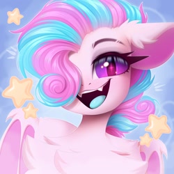 Size: 2000x2000 | Tagged: safe, artist:kebchach, derpibooru import, oc, oc only, oc:sweetie swirl, bat pony, pony, bat pony oc, bat wings, chest fluff, ear fluff, ears, fangs, femboy, hair over one eye, high res, looking at you, male, open mouth, open smile, slit eyes, smiling, smiling at you, solo, sparkles, sparkly eyes, stallion, wingding eyes, wings