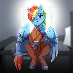 Size: 1080x1080 | Tagged: safe, artist:zakkurro, derpibooru import, rainbow dash, backlighting, clothes, commissioner:rainbowdash69, jail, jail cell, never doubt rainbowdash69's involvement, prison, prison cell, prison outfit, prisoner, prisoner rd, solo