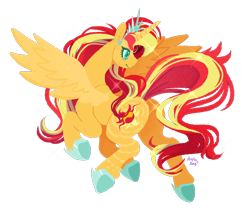 Size: 950x806 | Tagged: safe, artist:prrplefungi, derpibooru import, sunset shimmer, alicorn, pony, alicornified, butt, crown, female, flying, hoof shoes, jewelry, mare, plot, race swap, regalia, shimmercorn, simple background, solo, transparent background