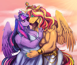 Size: 2650x2262 | Tagged: safe, artist:prrplefungi, derpibooru import, sunset glare, sunset shimmer, twilight sparkle, twilight sparkle (alicorn), alicorn, anthro, alicornified, bbw, breasts, chubby, cleavage, clothes, crown, dress, fat, female, half r63 shipping, holding each other, jewelry, male, nudity, partial nudity, race swap, regalia, rule 63, shimmercorn, ship:twiglare, shipping, sky, straight, sunsetsparkle, topless