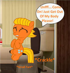 Size: 1480x1552 | Tagged: safe, artist:memeartboi, derpibooru import, crackle, earth pony, pony, g4, bathroom, but why, colt, constipated, darwin watterson, eyes closed, foal, implied defecation, implied farting, implied poop, implied pooping, indoors, lip bite, male, onomatopoeia, ponified, pushing, sitting, sitting on toilet, solo, sound effects, species swap, speech bubble, struggle, struggling, teeth, text, the amazing world of gumball, toilet, toilet humor