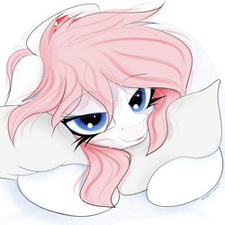 Size: 4000x4000 | Tagged: safe, artist:ser-p, derpibooru import, nurse redheart, earth pony, pony, g4, absurd resolution, bed hair, bedroom eyes, bust, female, looking at you, mare, messy mane, pillow, simple background, smiling, smiling at you, solo, white background