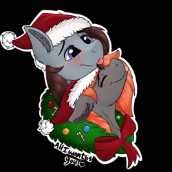 Size: 2000x2000 | Tagged: safe, artist:decemberbreeze, derpibooru import, oc, oc only, pony, :p, black background, bow, christmas, commission, duo, hat, holiday, santa hat, shipping, simple background, snuggling, tongue, tongue out, wreath, ych result