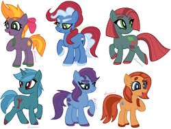 Size: 792x600 | Tagged: safe, artist:kharmacal, derpibooru exclusive, derpibooru import, earth pony, unicorn, g4, base used, base:selenaede, bow, group, hair bow, horn, redesign, sextet, simple background, transparent background, two toned hair, unshorn fetlocks