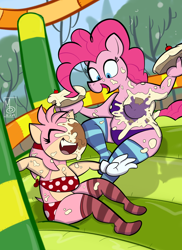 Size: 5100x7019 | Tagged: safe, artist:sebaku, derpibooru import, pinkie pie, anthro, earth pony, hedgehog, g4, amy rose, bouncy castle, breasts, clothes, duo, eyes closed, fat, food, inflatable, mobian, open mouth, open smile, pie, pie fight, pie in the face, polka dots, pudgy pie, smiling, socks, sonic the hedgehog (series), sonicified, striped socks, swimsuit, wet and messy