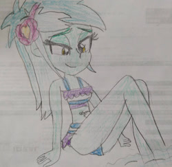 Size: 1280x1244 | Tagged: safe, artist:warioman69, derpibooru import, lyra heartstrings, human, equestria girls, g4, belly button, belly piercing, clothes, cute, female, lidded eyes, looking at each other, lyra heartstrings swimsuit, lyrabetes, piercing, relaxing, smiling, solo, swimsuit, water