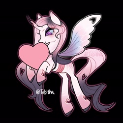 Size: 2048x2048 | Tagged: safe, artist:tabithaqu, derpibooru import, oc, changeling, black background, female, heart, pink changeling, simple background, slender, solo, thin