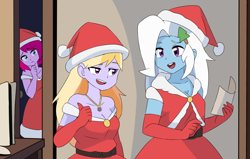 Size: 2200x1397 | Tagged: safe, artist:lirudraw, derpibooru import, fuchsia blush, lavender lace, trixie, equestria girls, g4, christmas, clothes, costume, hat, holiday, santa costume, santa hat, trixie and the illusions