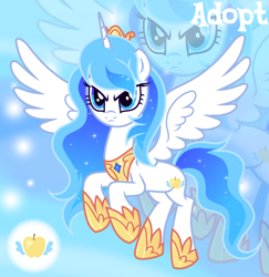 Size: 1280x1316 | Tagged: safe, artist:vi45, derpibooru import, oc, oc only, alicorn, pony, adoptable, bangs, base used, blue eyes, blue mane, blue tail, crown, determined, determined look, ethereal mane, ethereal tail, eyelashes, female, female oc, flying, frown, gradient background, gradient mane, gradient tail, hoof shoes, horn, jewelry, long horn, mare, mare oc, narrowed eyes, peytral, princess shoes, regalia, slender, solo, sparkles, sparkly mane, sparkly tail, spread wings, tail, thin, unicorn horn, white coat, wings, zoom layer