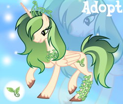 Size: 1280x1078 | Tagged: safe, artist:vi45, derpibooru import, oc, oc only, alicorn, pony, adoptable, base used, bipedal, brown hooves, colored hooves, concave belly, eyelashes, female, female oc, filigree, folded wings, gradient background, gradient mane, gradient tail, green eyes, green mane, green tail, hooves, horn, jewelry, lidded eyes, long horn, mare, mare oc, peytral, profile, raised hoof, raised leg, slender, smiling, solo, standing, tail, thin, tiara, unicorn horn, unshorn fetlocks, wings, yellow coat, zoom layer