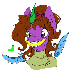 Size: 1500x1500 | Tagged: safe, artist:destiny_manticor, derpibooru import, oc, oc only, oc:destiny manticor, alicorn, anthro, pony, banana, claws, cloth, curly hair, curly mane, curved horn, eyebrows, eyebrows visible through hair, eyes open, food, happy, holding something, horn, simple background, smiling, solo, transparent background, wing claws, wings