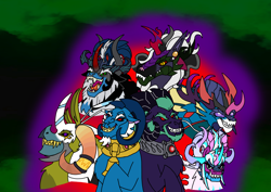 Size: 1414x1000 | Tagged: safe, artist:melspyrose, artist:zetikoopa, derpibooru import, ahuizotl, dragon lord torch, grogar, king sombra, lord tirek, pharynx, pony of shadows, prince blueblood, shining armor, storm king, oc, oc:alastor, oc:bass thunder, oc:dark havok, oc:draven la fay/no heart, oc:keiran, oc:khalfani, oc:nemesis, oc:odysseus, oc:phantom infinite, sheep, them's fightin' herds, g4, alexandrite arcane, community related, fusion, male, monster prince blueblood, monster shining armor, ram, springtrap, stronghoof hoofstrong (tfh)