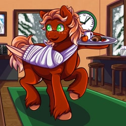 Size: 2000x2000 | Tagged: safe, artist:bunistxr, derpibooru import, oc, oc:golden flare, pegasus, pony, apple, bandage, broken bone, broken wing, cafe, cast, coffee, colored hooves, colored wings, commission, food, freckles, hooves, indoors, injured, male, nonbinary, pegasus oc, ponified, short tail, sling, snow, snowfall, species swap, stallion, tail, unshorn fetlocks, wings