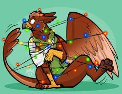 Size: 3300x2550 | Tagged: safe, artist:lou raccoon, derpibooru import, oc, oc:pavlos, griffon, bandage, beak, broken bone, broken wing, cast, cheek fluff, christmas, christmas lights, claws, clothes, colored wings, commission, confused, eared griffon, griffon oc, holiday, injured, non-pony oc, nonbinary, sling, tail, wings