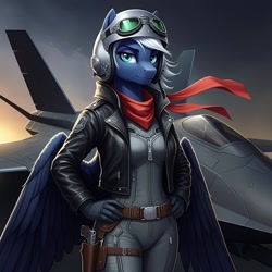 Size: 1024x1024 | Tagged: safe, ai content, derpibooru import, machine learning generated, night glider, anthro, pegasus, series:g.i. pony: a real equestrian hero, g4, clothes, cosplay, costume, female, fighter pilot, flight suit, g.i. joe, generator:google imagen 3.0, ghostrider, helmet, jacket, jet, jet fighter, leather, leather jacket, prompter:zerowinger, scarf, solo, stealth fighter