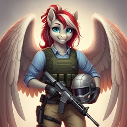 Size: 1024x1024 | Tagged: safe, ai content, derpibooru import, machine learning generated, angel wings, anthro, pegasus, series:g.i. pony: a real equestrian hero, g4, armored vest, assault rifle, backlighting, clothes, cosplay, costume, female, fingerless gloves, g.i. joe, generator:google imagen 3.0, gloves, gun, helmet, military uniform, prompter:zerowinger, rifle, smiling, solo, spread wings, steel brigade, uniform, weapon, wings