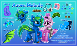 Size: 4100x2500 | Tagged: safe, artist:sunamoonmlp, derpibooru exclusive, derpibooru import, oc, oc only, oc:azure melody, alicorn, pony, unicorn, g4, bat wings, cheek fluff, chest fluff, commission, cute, female, horn, male, mare, reference sheet, stallion, wings