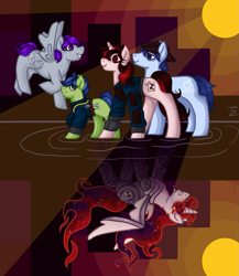 Size: 1629x1874 | Tagged: safe, artist:thegoodm1lk, derpibooru import, oc, oc:blackjack, oc:morning glory (project horizons), oc:p-21, oc:scotch tape, alicorn, earth pony, pegasus, pony, unicorn, fallout equestria, fallout equestria: project horizons, fanfic art, female, horn, level 5 (iconium) (project horizons), male, mare, stallion