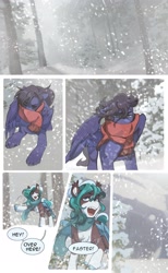 Size: 2205x3584 | Tagged: safe, artist:devi_shade, derpibooru import, oc, oc only, oc:fenris ebonyglow, bat pony, pegasus, pony, clothes, comic, dialogue, duo, fangs, female, forest, male, mare, nature, outdoors, scarf, snow, snowfall, speech bubble, stallion, tree