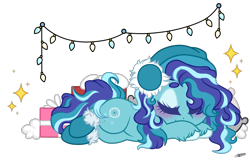 Size: 1600x1037 | Tagged: safe, artist:princessmoonsilver, derpibooru import, oc, oc:winter frost, earth pony, pony, christmas, christmas lights, earmuffs, female, holiday, mare, simple background, sleeping, solo, transparent background