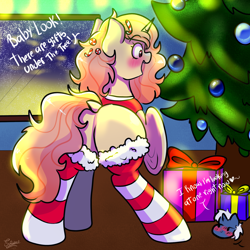 Size: 2000x2000 | Tagged: safe, artist:eniartuwu, derpibooru import, oc, pony, unicorn, candy, candy cane, clothes, digital art, dock, female, food, horn, mare, my little pony, snow, socks, striped socks, tail, winter