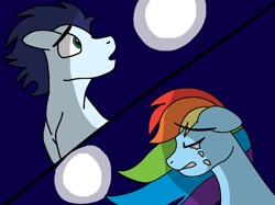 Size: 750x561 | Tagged: safe, artist:pimpartist101, derpibooru import, rainbow dash, soarin', pegasus, pony, crying, female, male, mare, moon, night, sad, shipping, soarindash, stallion, straight