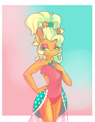 Size: 1255x1600 | Tagged: safe, artist:anvalina, derpibooru import, applejack, anthro, earth pony, g4, simple ways, abstract background, alternate hairstyle, applejewel, bare shoulders, bedroom eyes, blushing, clothes, dress, featured on derpibooru, female, freckles, hand on hip, leotard, lidded eyes, mare, my little pony: friendship is magic, no pupils, open-back dress, sexy, simple background, smiling, solo