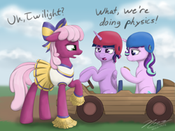 Size: 2828x2121 | Tagged: safe, artist:novaintellus, derpibooru import, cheerilee, starlight glimmer, twilight sparkle, twilight sparkle (alicorn), alicorn, earth pony, pony, unicorn, g4, the cart before the ponies, cheerileeder, cheerleader, dialogue, featured on derpibooru, female, helmet, horn, kart, mare, my little pony: friendship is magic, nerd pony, open mouth, physics, raised hoof, raised leg, trio, trio female, watch