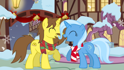 Size: 828x469 | Tagged: safe, artist:star-armour95, derpibooru import, trixie, oc, oc:grapefruit face, unicorn, g4, clothes, female, horn, male, ponyville, scarf, shipping, winter