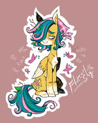 Size: 1080x1350 | Tagged: safe, artist:batzy-artz, derpibooru import, part of a set, fluttershy, butterfly, pegasus, pony, g4, alternate cutie mark, alternate design, alternate hairstyle, alternate mane color, alternate tail color, alternate tailstyle, bags under eyes, bandana, bonnet, chest fluff, coat markings, colored belly, colored eyebrows, colored pinnae, colored wings, colored wingtips, cream wingtips, ear tufts, eyeshadow, facial markings, female, folded wings, hair over one eye, head turn, hock fluff, leaves, leaves in hair, leaves in mane, leaves in tail, looking away, makeup, mare, mealy mouth (coat marking), messy mane, name, no catchlights, no pupils, outline, pale belly, pink background, redesign, short hair fluttershy, signature, simple background, sitting, smiling, socks (coat marking), solo, stick in tail, sticks in hair, tail, teal eyes, teal mane, three toned mane, tired, twigs in hair, twigs in tail, two toned wings, unshorn fetlocks, white text, wings, yellow coat, yellow eyeshadow, yellow wingtips